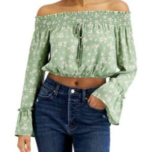 Kingston Grey Juniors Smocked Off-The-Shoulder Top Light Blue Yellow size L